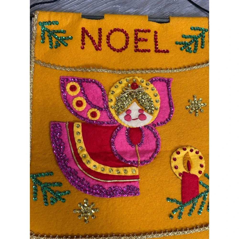 Vintage Bucilla Christmas Card Holder 3 Angel Pockets Felt Sequin NOEL 30